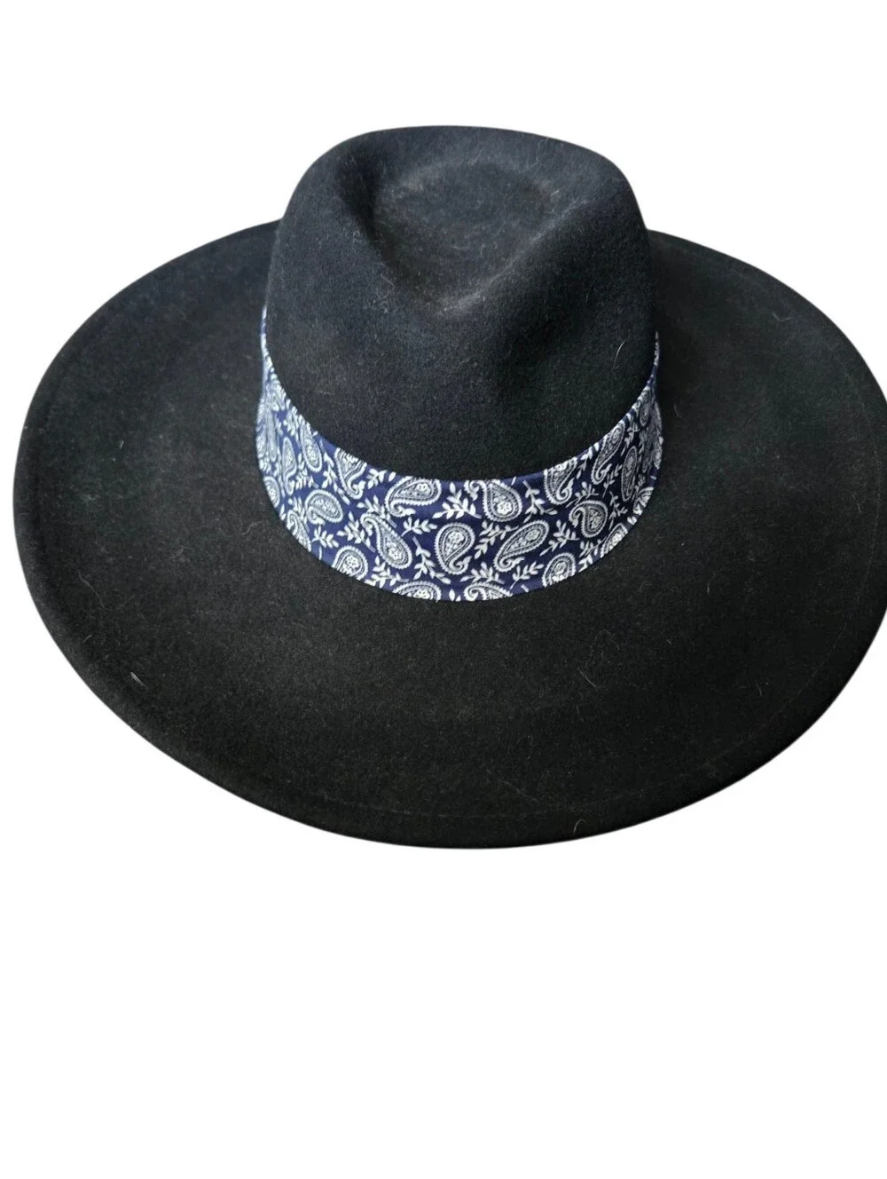 🖤 World Market 100% Wool Wide Brim Rancher Hat | Black | Paisley Scarf Band